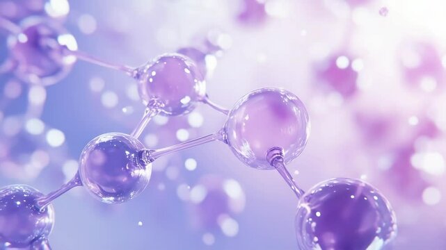 Molecular structure of cosmetic peptides in soft purple tones on glowing background, concept of advanced skincare, anti-aging ingredients and beauty science innovation