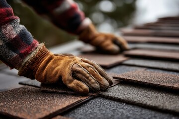 Hands in work gloves place roof shingles securely during a home improvement project outdoors