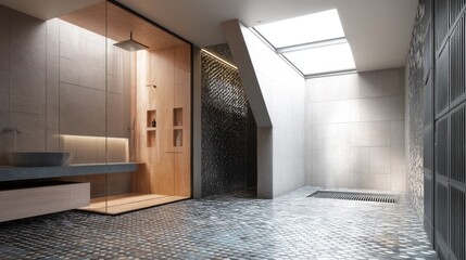 Modern shower room with mosaic flooring and light shaft 