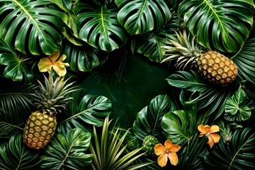 Fotobehang Pineapples and tropical leaves on a green background create an exotic composition. Concept of the natural exuberance of the tropics. © Masha