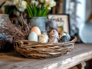 A cozy Easter scene with a wicker plate filled with colorful Easter eggs, daffodils flower and traditional Easter decorations.