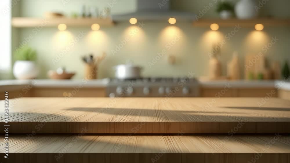 Poster wood table top with blurred background for product display mockup or design layout