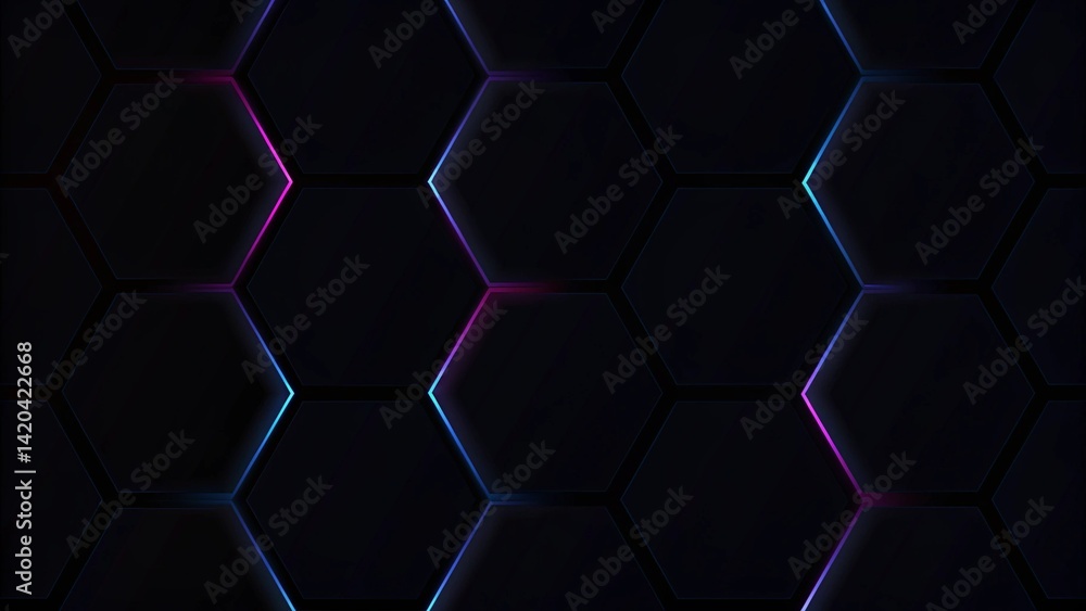 Leinwandbilder dark hexagon gaming abstract background with blue and pink colored bright flashes, futuristic neon l