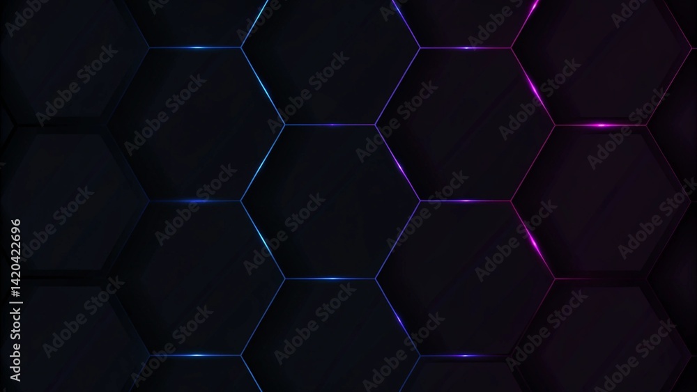 Leinwandbilder dark hexagon gaming abstract background with blue and pink colored bright flashes, futuristic neon l
