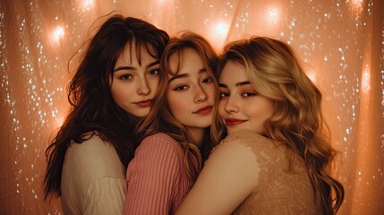 Three women of diverse ethnicities embrace each other, smiling joyfully against a light blue background.