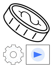 Coin with dollar sign, gear symbol for settings, play button inside square for multimedia. Ideal for finance, technology, settings, startup, investment, user interface simple landing page