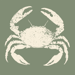 Vintage vector silhouette of crab with grunge texture on green background, hand drawn marine illustration of crustacean for seafood packaging, nautical design, or coastal decor