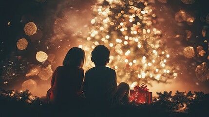 A joyful family decorates a Christmas tree together, lit by warm holiday lights.