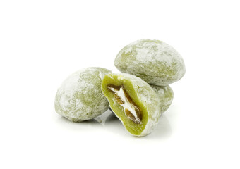 Matcha mochi rice cake, green tea daifuku, Japanese traditional dessert, round wagashi