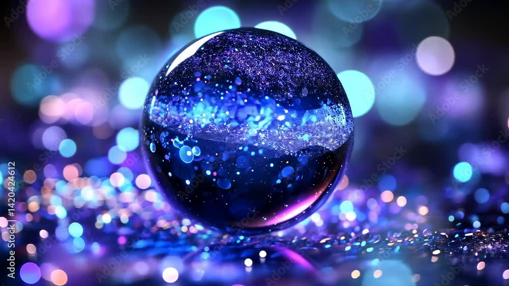 Aufkleber transparent orb with blue glitter inside and bokeh lights on surface displaying a cosmic scene
