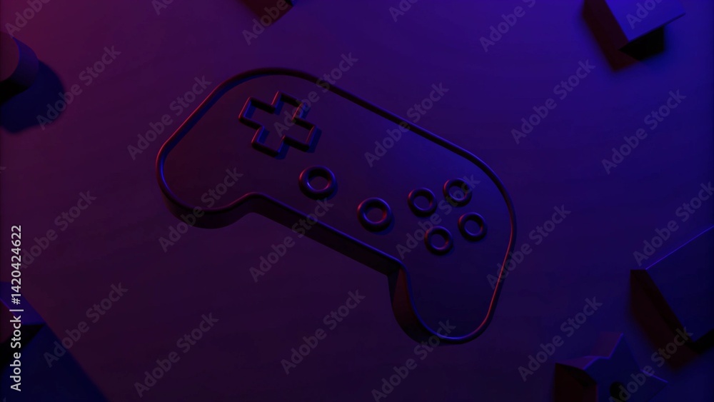 Poster Gaming joystick controller console geometry button icon floating on background, 3d illustration rendering, abstract of wallpaper for gamer, digital entertainment device modern fun concept
