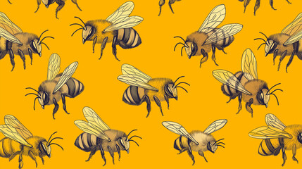 Bee pattern design featuring diverse species on a yellow backdrop