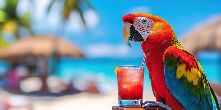 parrot on summer vacation, beach, tropical cocktail 