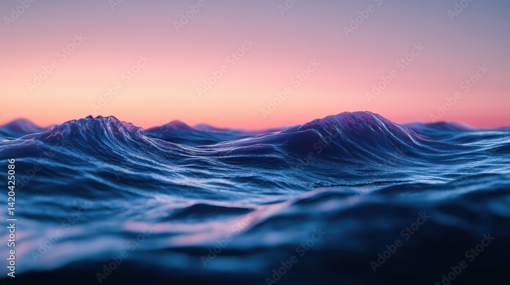 Poster a serene view of ocean waves at sunset, showcasing gentle rolling waves with a gradient sky transiti