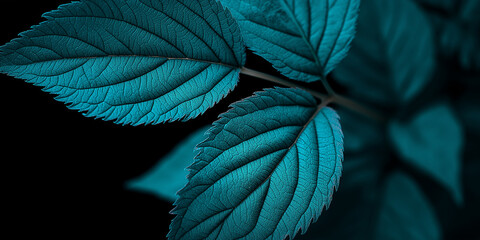 Close-up of teal leaves on black