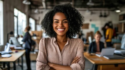 A smiling woman with shoulder-length blonde hair stands confidently with her arms crossed in a modern office setting.