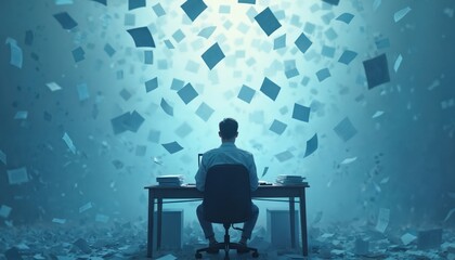 Man at desk surrounded falling papers. Information overload, stress, deadline pressure, work challenge, digital world. Concept of business, career, task, decision making, anxiety, problem solving.