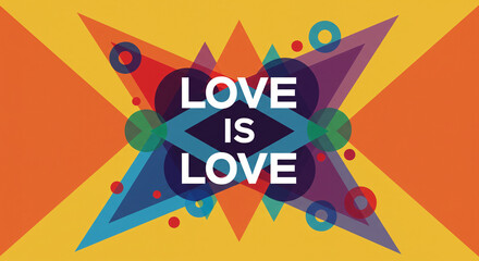 Geometric vector art featuring 'Love is Love' in vibrant triangles and circles, symmetrical color-blocked design with modern aesthetic for Pride Month