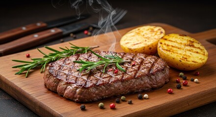 Grilled steak with potatoes and rosemary on a wooden board ready to be served for dinner time
