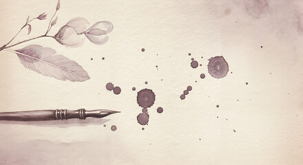 Watercolor illustration of quill and spilled ink on handmade paper in soft tones, poetic tribute to Day of Slavic Literature and Culture with copy space