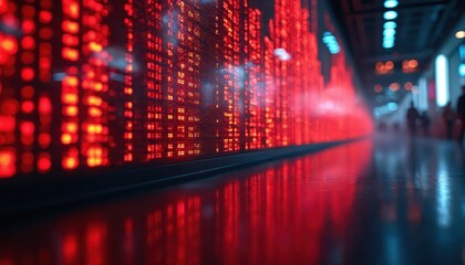 Red data streams down stock ticker display. Market volatility, digital finance tech, financial data reflects on polished floor. Business information, investment, trading, digital transformation.