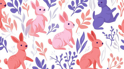 Colorful rabbits in a whimsical floral pattern on a light background