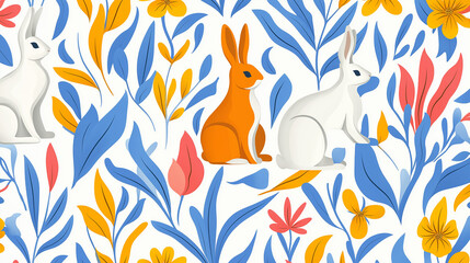 Colorful rabbits among vibrant flowers in a whimsical garden setting