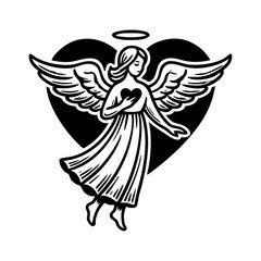 angel with heart sketch engraving vector illustration. T-shirt apparel print design. Scratch board imitation. Black and white hand drawn image.