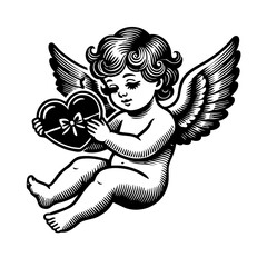 angel with heart sketch engraving vector illustration. T-shirt apparel print design. Scratch board imitation. Black and white hand drawn image.