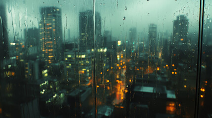Close-up of raindrops on a glass window with blurred background