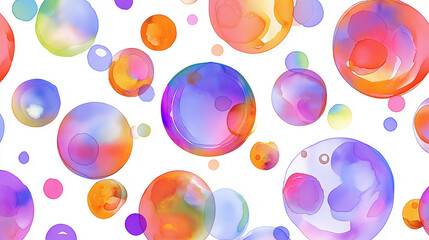 Colorful bubbles floating in a whimsical pattern on a white background