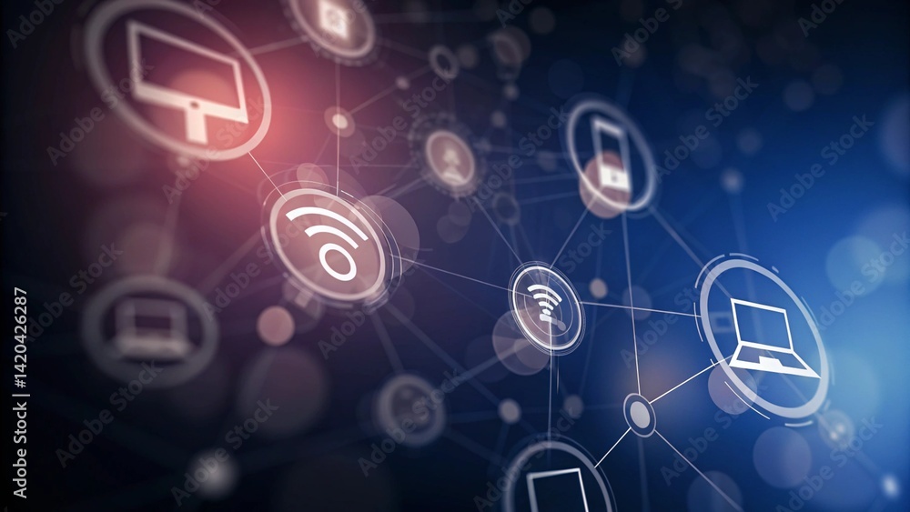 Poster Modern wireless technologies as means of communication and networking on dark background, illustrating connectivity, digital interaction, and futuristic communication tools in abstract space