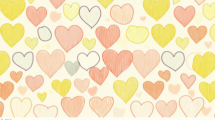 Various heart shapes in soft pastel colors create a warm, playful pattern