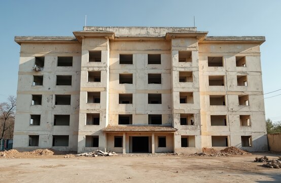 Abandoned building under construction renovation. Empty windows, concrete walls. Old residential building construction. Historic house, flat exterior. Renovation, restoration concept. Demolition, - Powered by Adobe
