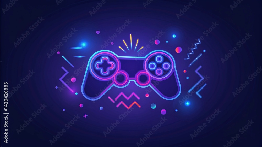 Poster Neon game controller or joystick for game console on blue background, futuristic design accessory for modern gaming setup, illuminated pad symbolizing electronic entertainment tech