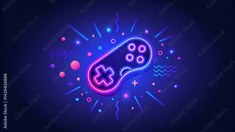 Poster Neon game controller or joystick for game console on blue background, futuristic design accessory for modern gaming setup, illuminated pad symbolizing electronic entertainment tech
