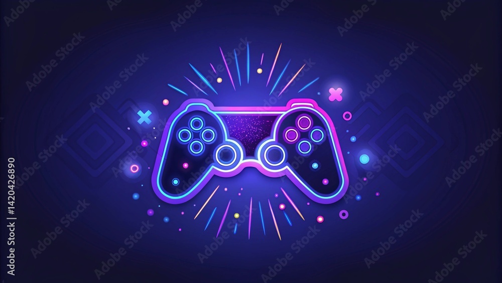 Poster Neon game controller or joystick for game console on blue background, futuristic design accessory for modern gaming setup, illuminated pad symbolizing electronic entertainment tech