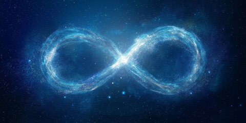 Infinity symbol bursting with cosmic energy in glowing star-filled blue galaxy space
