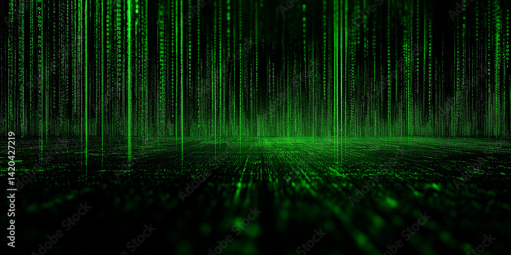 Poster matrix-style green digital code falling onto virtual glowing grid floor perspective