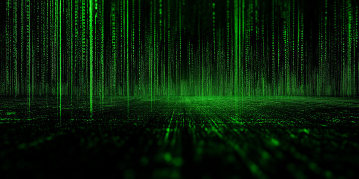 Matrix-style green digital code falling onto virtual glowing grid floor perspective
