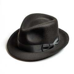 A close up shot of a black fedora hat with a black ribbon on a white background in a studio setting