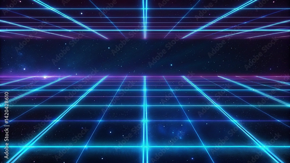 Aufkleber retro 80s video game background with grid of blue light streaking in space, futuristic digital lands
