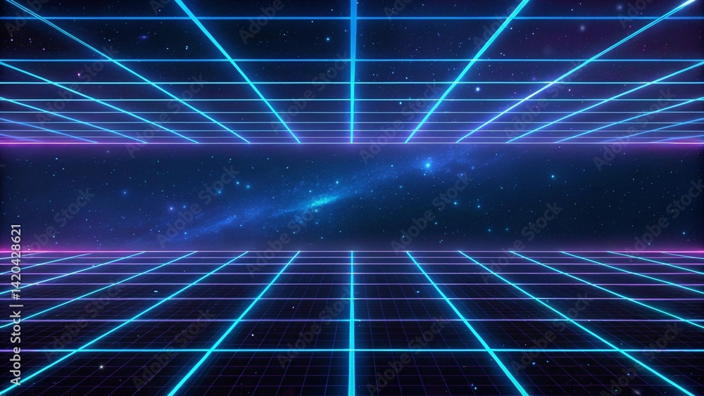 Aufkleber retro 80s video game background with grid of blue light streaking in space, futuristic digital lands