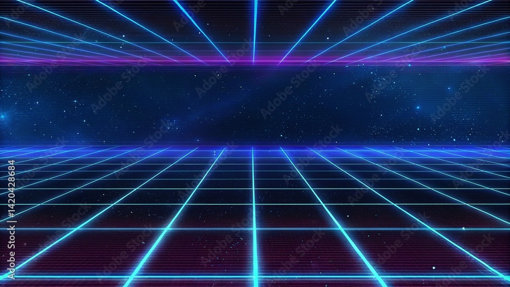 Aufkleber retro 80s video game background with grid of blue light streaking in space, futuristic digital lands