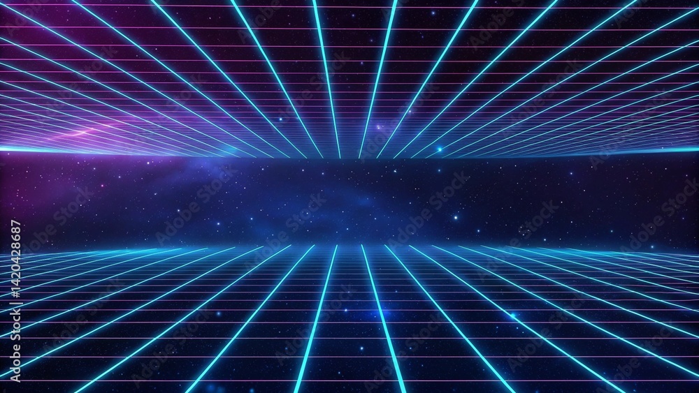 Poster Retro 80s video game background with grid of blue light streaking in space, futuristic digital landscape with neon glow, sci-fi horizon lines and glowing perspective grid