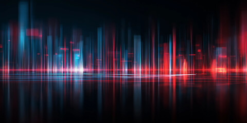 Futuristic digital skyline with glowing red and blue light bars on a reflective black background
