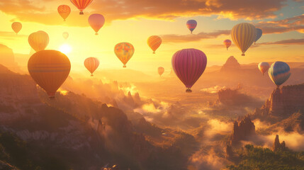 Naklejka premium Dozens of colorful hot air balloons floating over fields