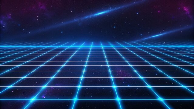 Retro 80s video game background with grid of blue light streaking in space, futuristic digital landscape with neon glow, sci-fi horizon lines and glowing perspective grid
