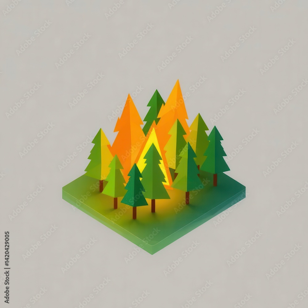 Poster isometric forest scene with green and yellow trees on a square platform with neutral background.