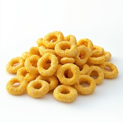 A pile of ring shaped corn snacks on a white surface close up shot